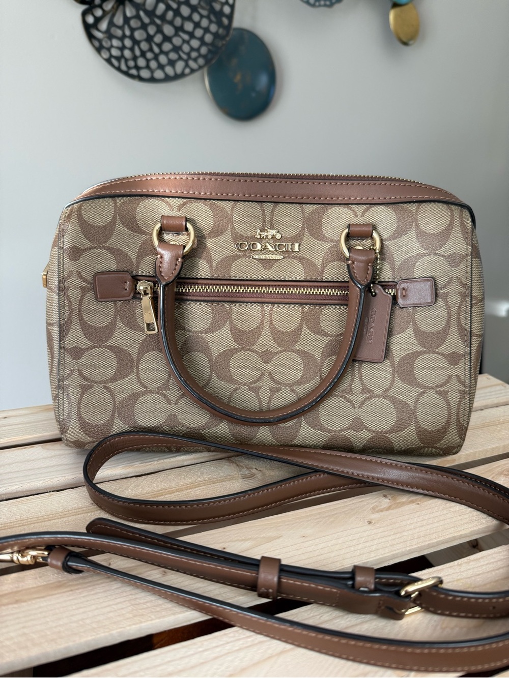 Coach Khaki/Brown Signature Canvas Satchel with Gold Hardware
